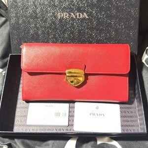 Prada Scarlet Leather Clutch with Gold Accent / wallet on a Chain.